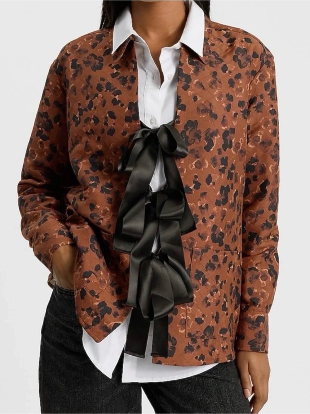 Express Brown Printed Satin Jacket with Black Ribbon Accents